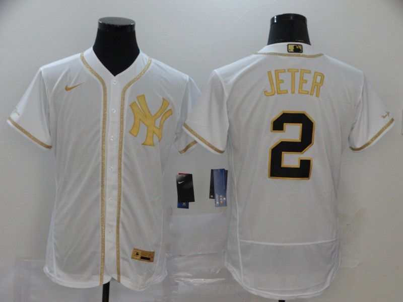 Men New York Yankees #2 Jeter White Retro gold character Nike MLB Jerseys